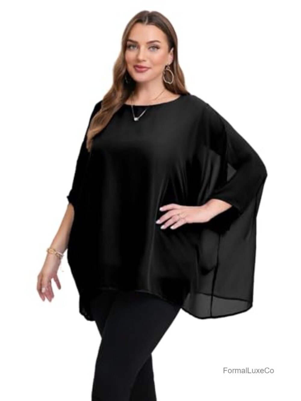 Plus Size Batwing Sleeve Chiffon Blouse Scoop Neck Oversized Tunic